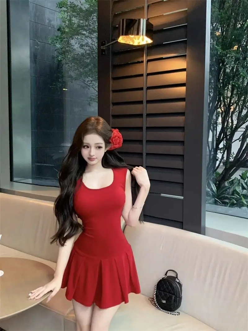 Robes sans manches pour femmes, bleu, printemps, Satin, encolure carrée, brodé, plissé, couches, Style français, pique-nique, doux, Unique, fluide