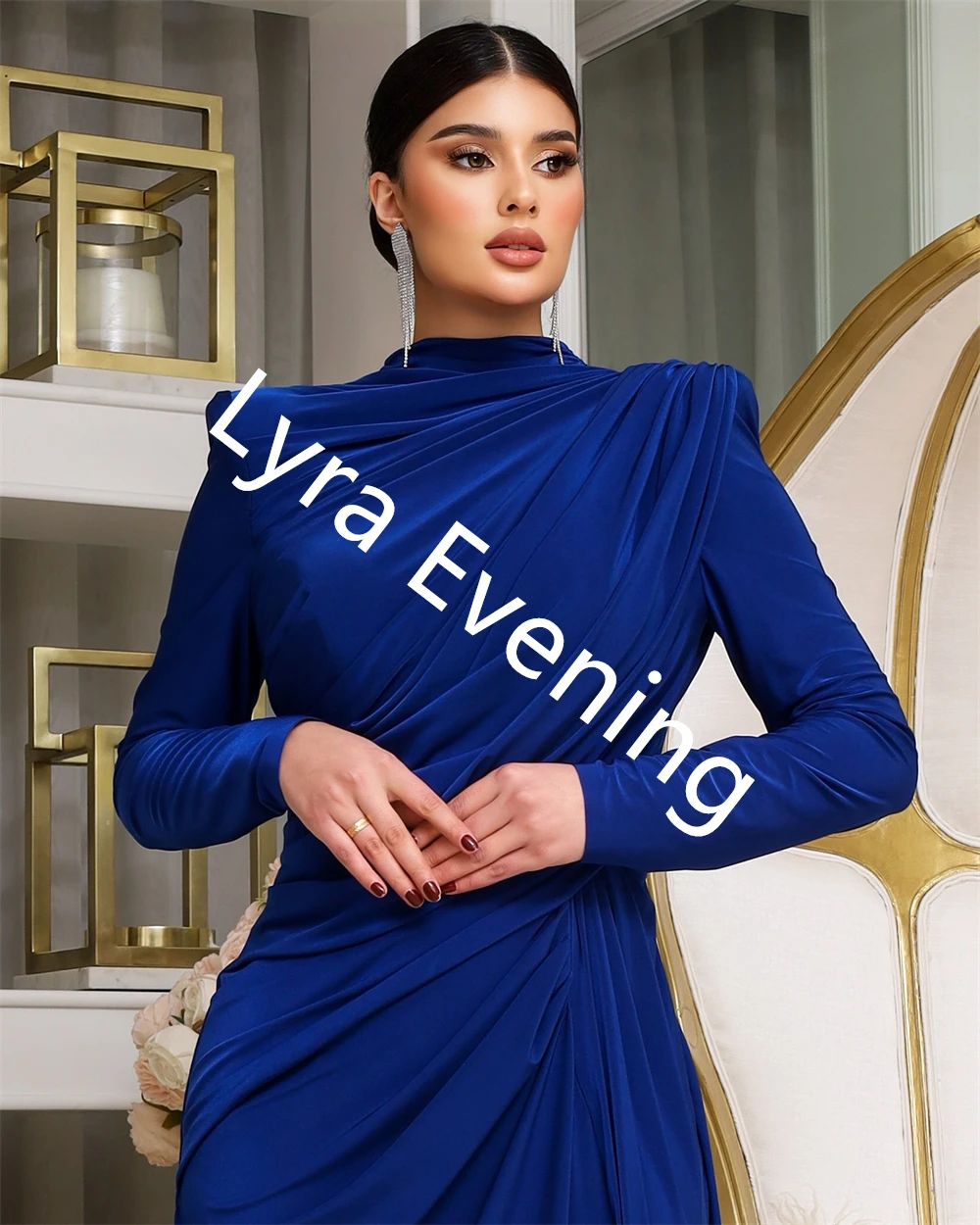 Customized High Quality Navy blue Satin Evening Dress High Collar Long Sleeves Celebrity Gowns Flowers Special Occasion Gowns