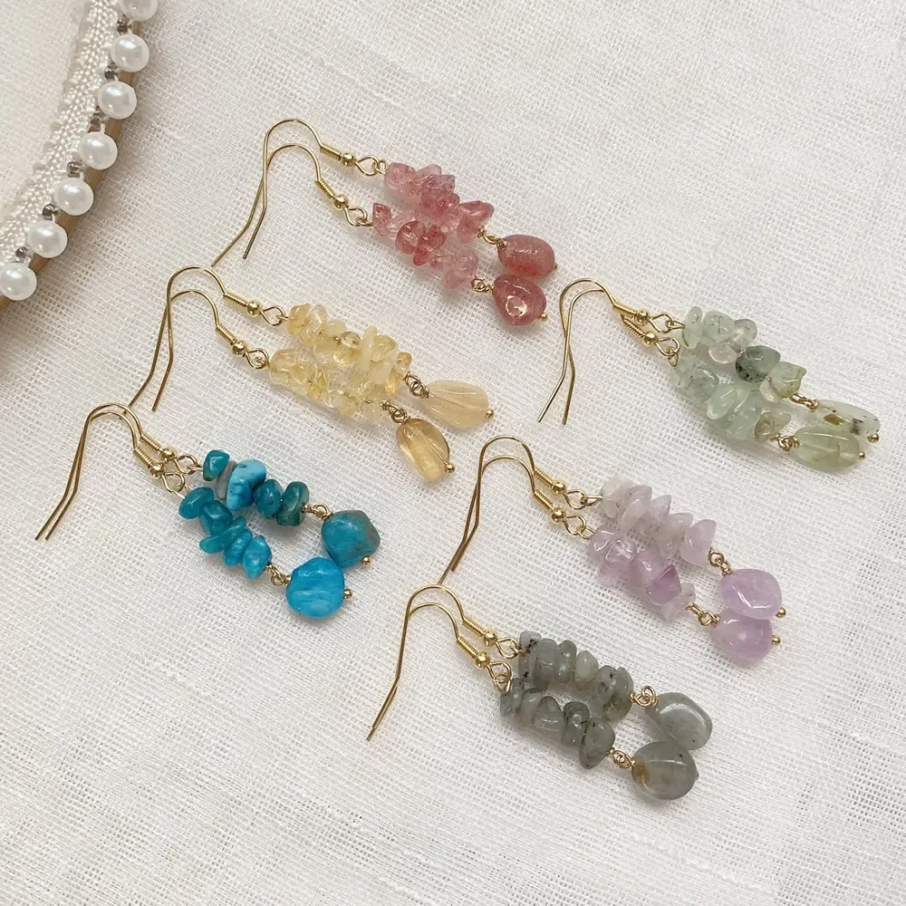 Irregular Ore Rock Natural Crystal Earring Chip Stone Long Tassel Pendulum Citrines Lapis Fluorite Purple Crystal Drop Earring