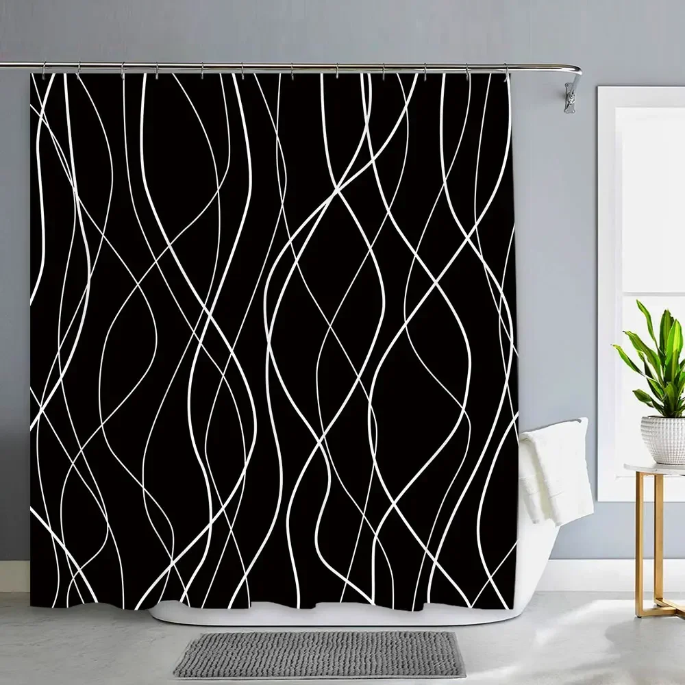 Black and White Striped Shower Curtain, Abstract Modern Minimalist Waterproof Fabric Shower Curtain With Hooks Bathroom Decor