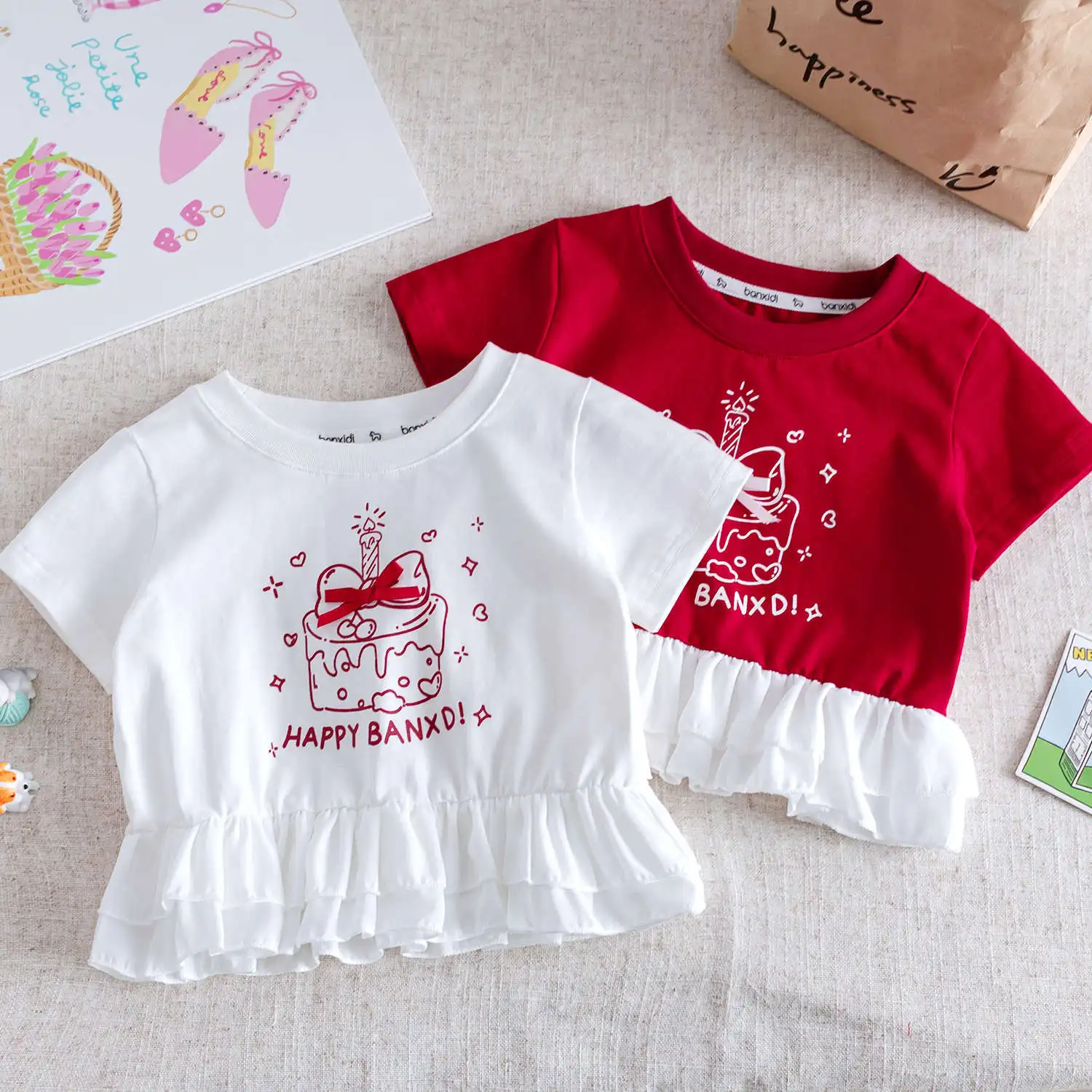 Girls' Short-sleeved T-shirt 2025 New Summer Children's Cartoon Print Ruffle Spliced Top Baby Girl T-shirt