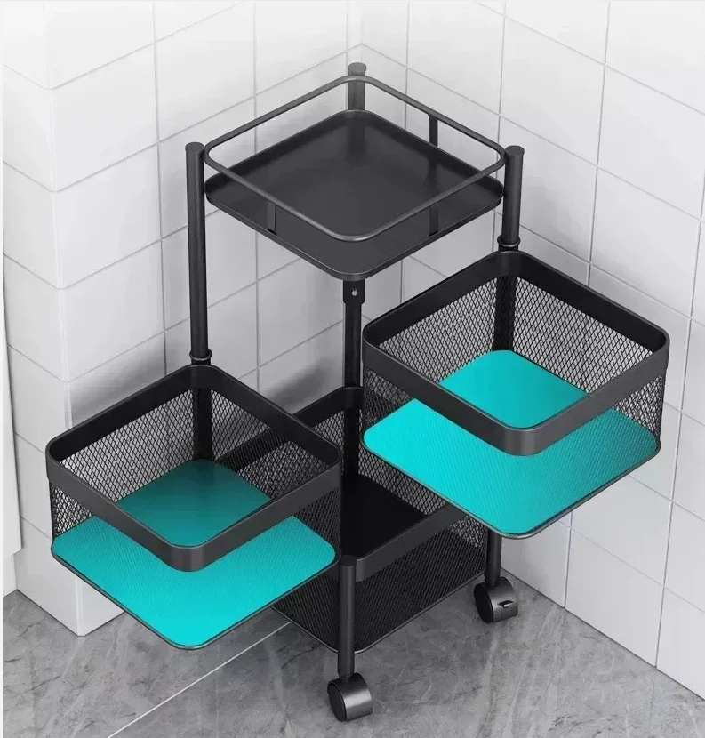 Prático carrinho quadrado de 3, 4 e 5 camadas com rodas, rack giratório de armazenamento de cozinha,