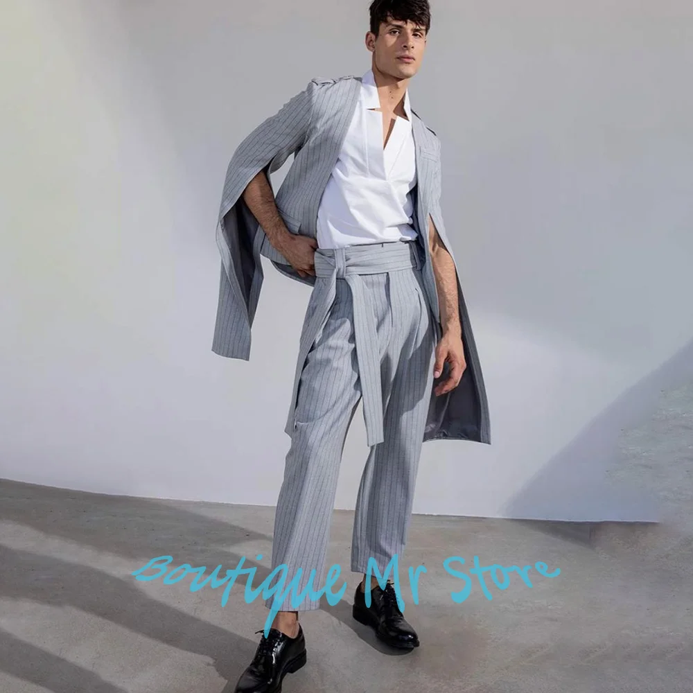 

Современный серый мужской костюм-двойка в полоску: жилет-накидка без рукавов + брюки, модный блейзер для вечерних мероприятий