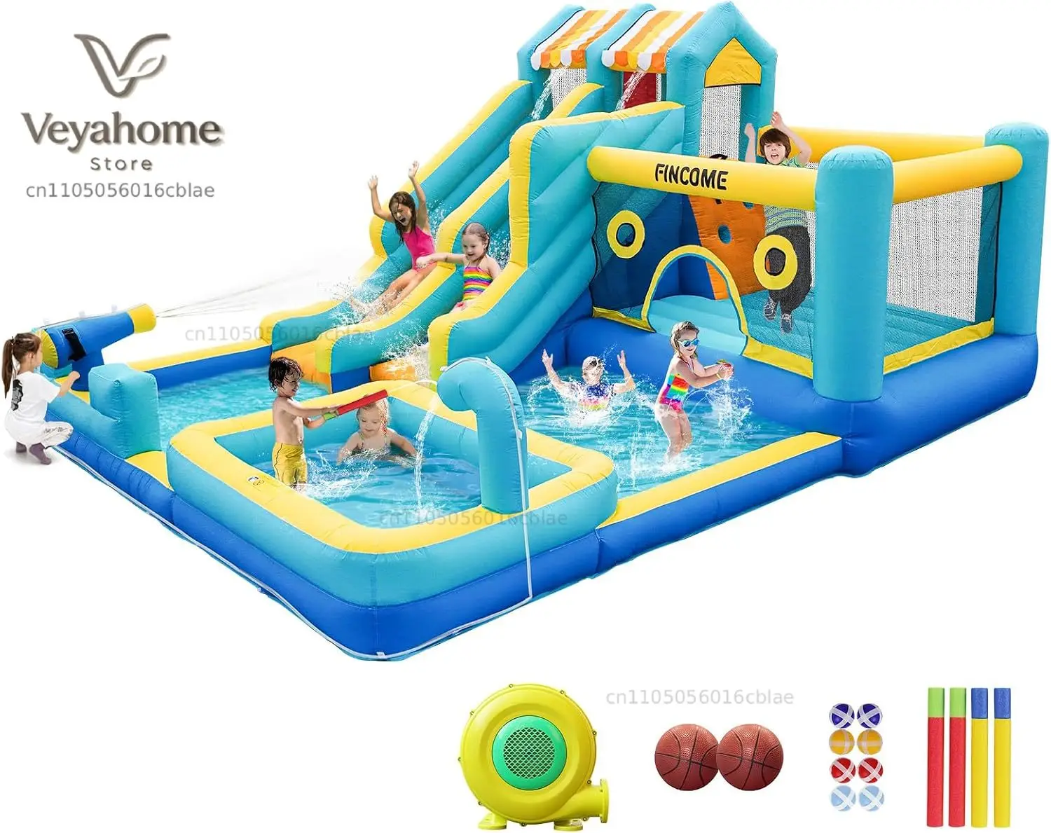 FINCOME Inflatable Bounce House, 10 in 1 Double Water Slide Bounce House with 750W Blower, Climbing Wall