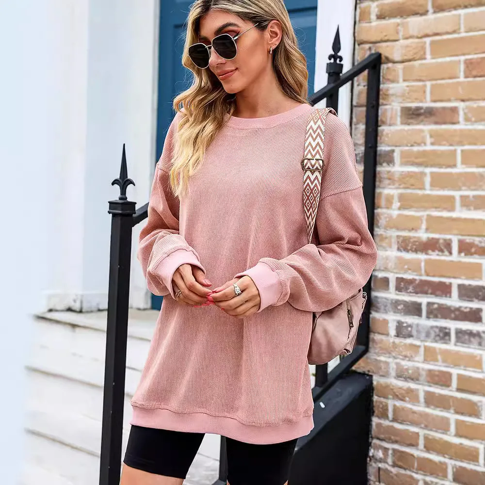 Tops for women autumn fashion women's ribbed knitted long-sleeved loose sweatshirt for women