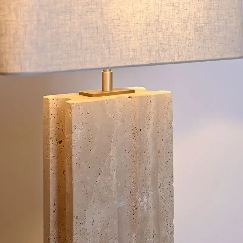 Rectangular Geometry Groove Natural Travertine Stone Living Room Bedside Desk Table Lamp With Fabric Lampshade