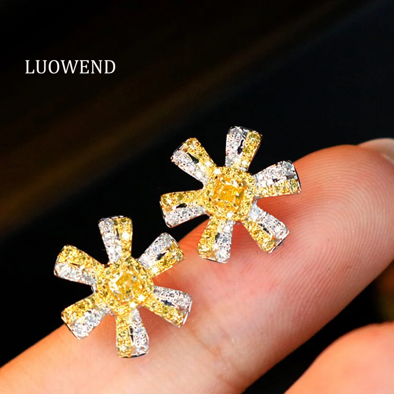 

LUOWEND 100% 18K White Gold Earrings Elegant Style Real Natural Yellow Diamond Stud Earrings for Women High Wedding Jewelry