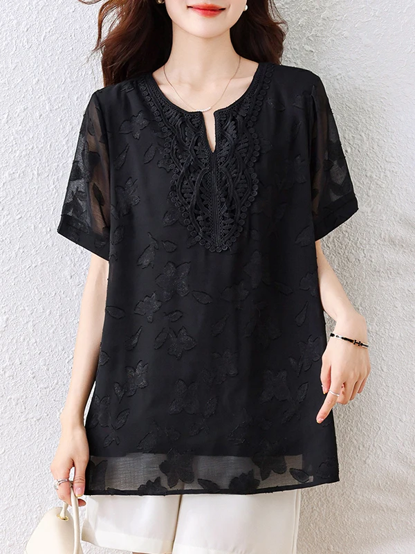 

Summer New plus Size Women's T-irt Lace Splicing Chiffon V-ne Embroidery Loose Fit Top round Ne ort Sve irt