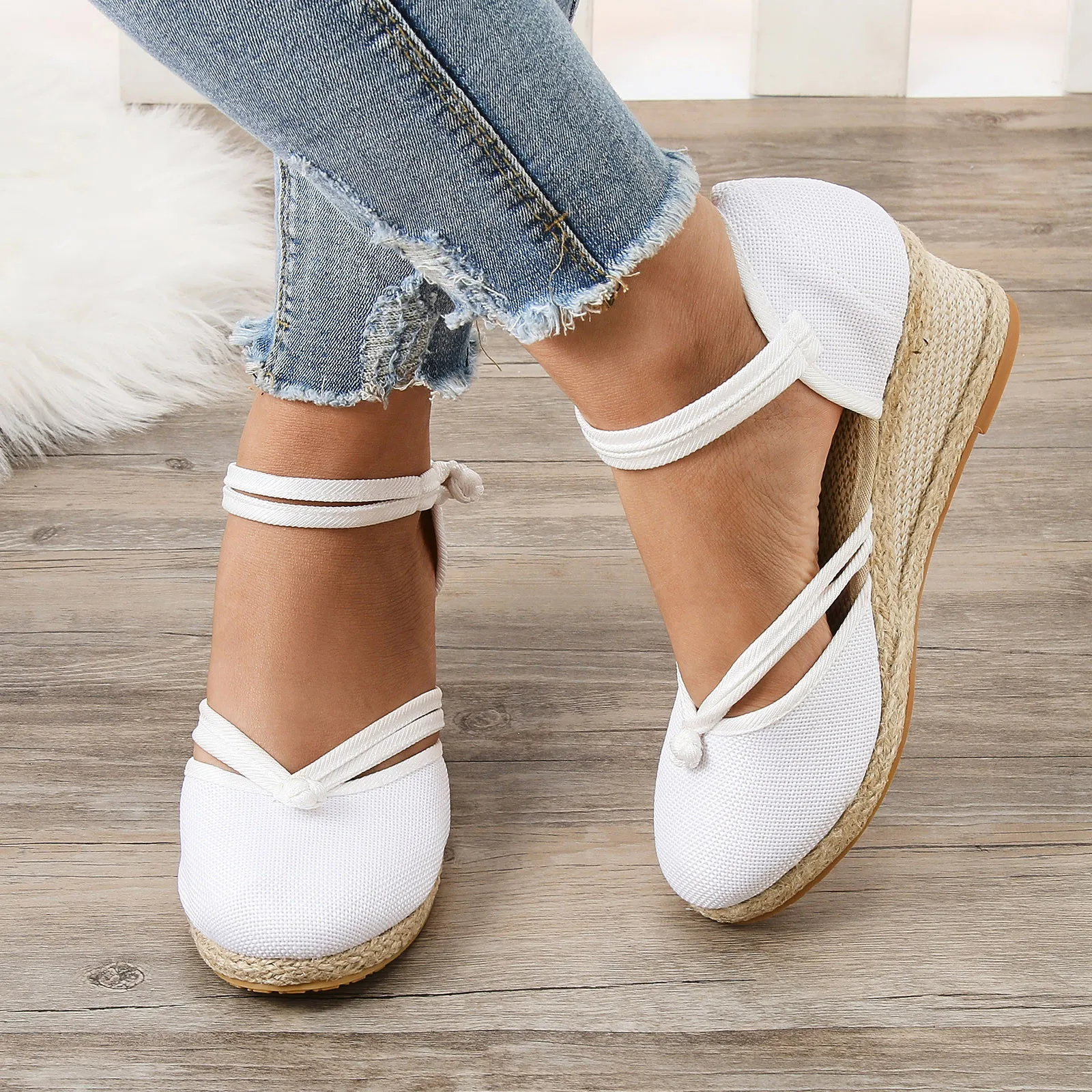 Summer 6cm Heel Platform Espadrilles Shoes Women\'s Sandals Braided Espadrille Knot Button Ankle Strap Wedge Sandals Linen Wedge