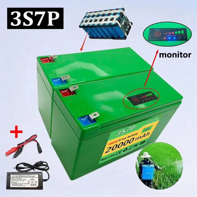 Batterie Au Lithium Rechargeable 12V 20Ah 18650, 3S7P, Pour Véhicule Électrique Solaire, Chargeur 12.6v 3A