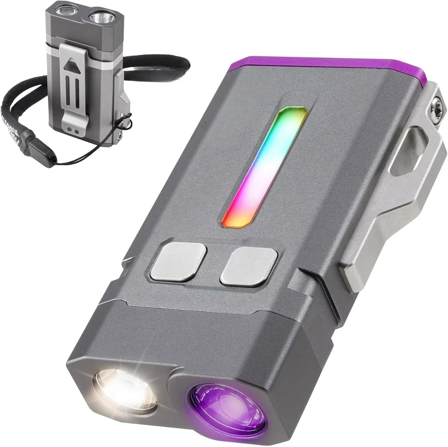 365nm UV Keychain Flashlight EDC Aluminum Clip-on Mount Dual Beam + Side Light LED Rechargeable Light