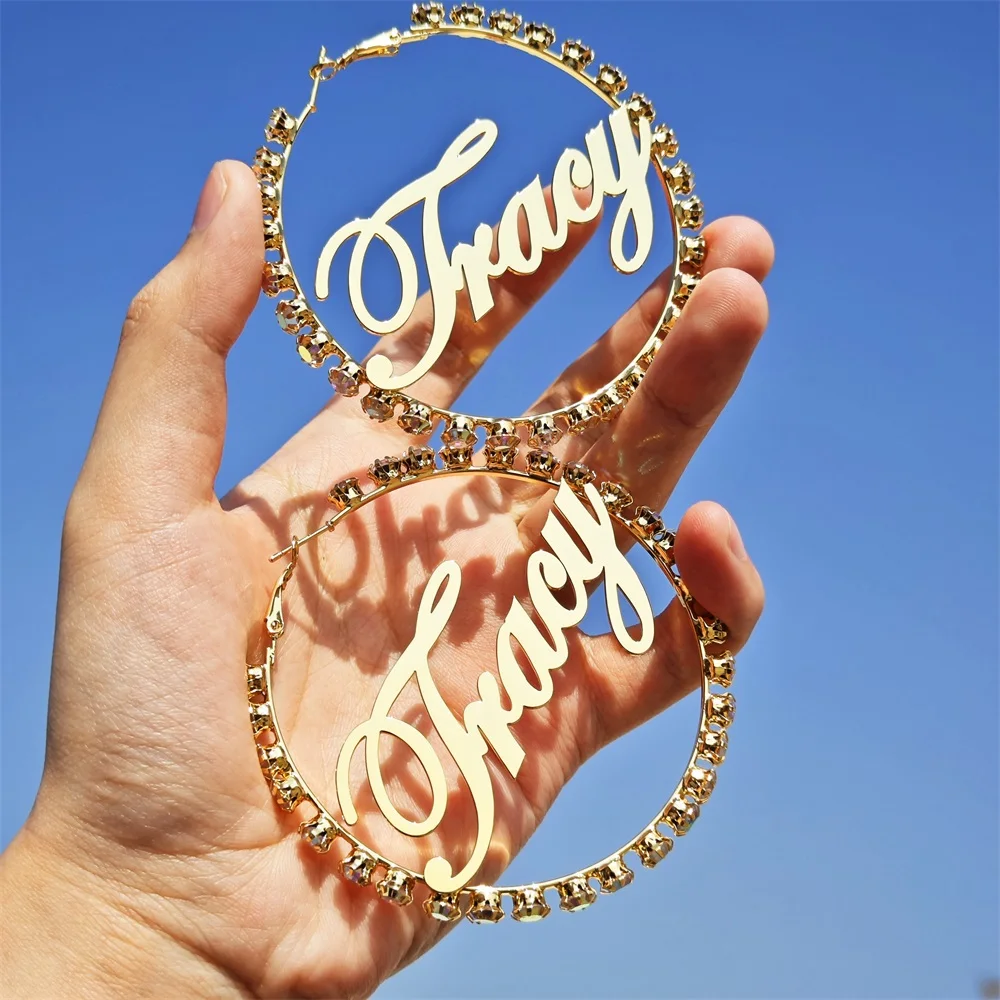 

Fashion 18k Gold Plated Custom Name Hoop Earring Pave Diamond Personlized Letter Crystal Earrings Women Colorful Gifts Jewelry