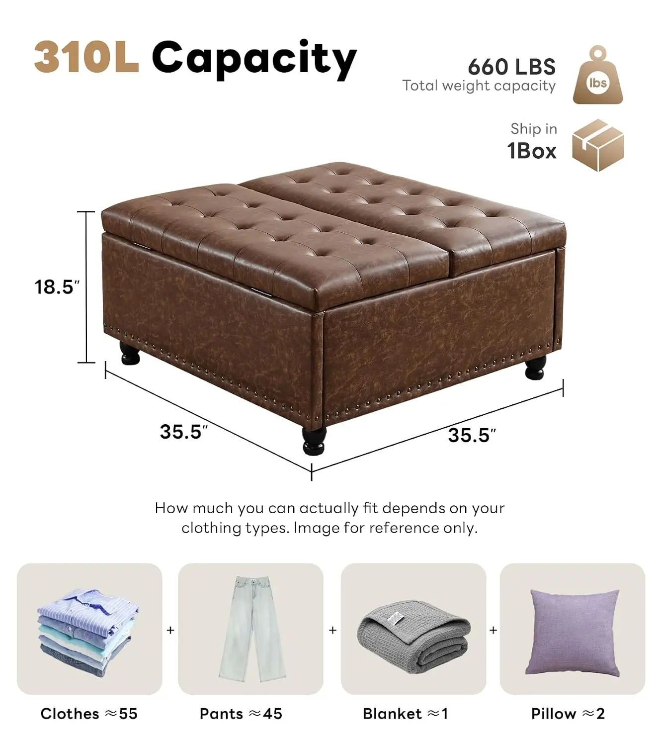 Square Storage Ottoman, Tufted Coffee Table with Lift Top & Wooden Legs, Oversized Toy Box for Living Room, Customized