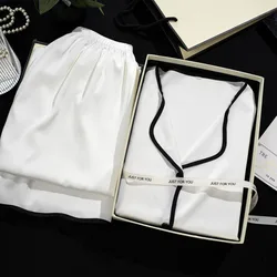 2024 Cool Breathable Ice Silk Pajama Women Short Sleeve Set Black White Solid Color High-end Minimalist Casual V-neck Nightgown