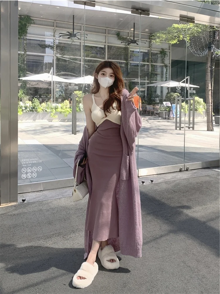 

Ele Knitted Wrap Dr And Cardigan Set for plus Size Women Autumn Long Lazy Sle Sweater Casual High Waist Bodycon Dr