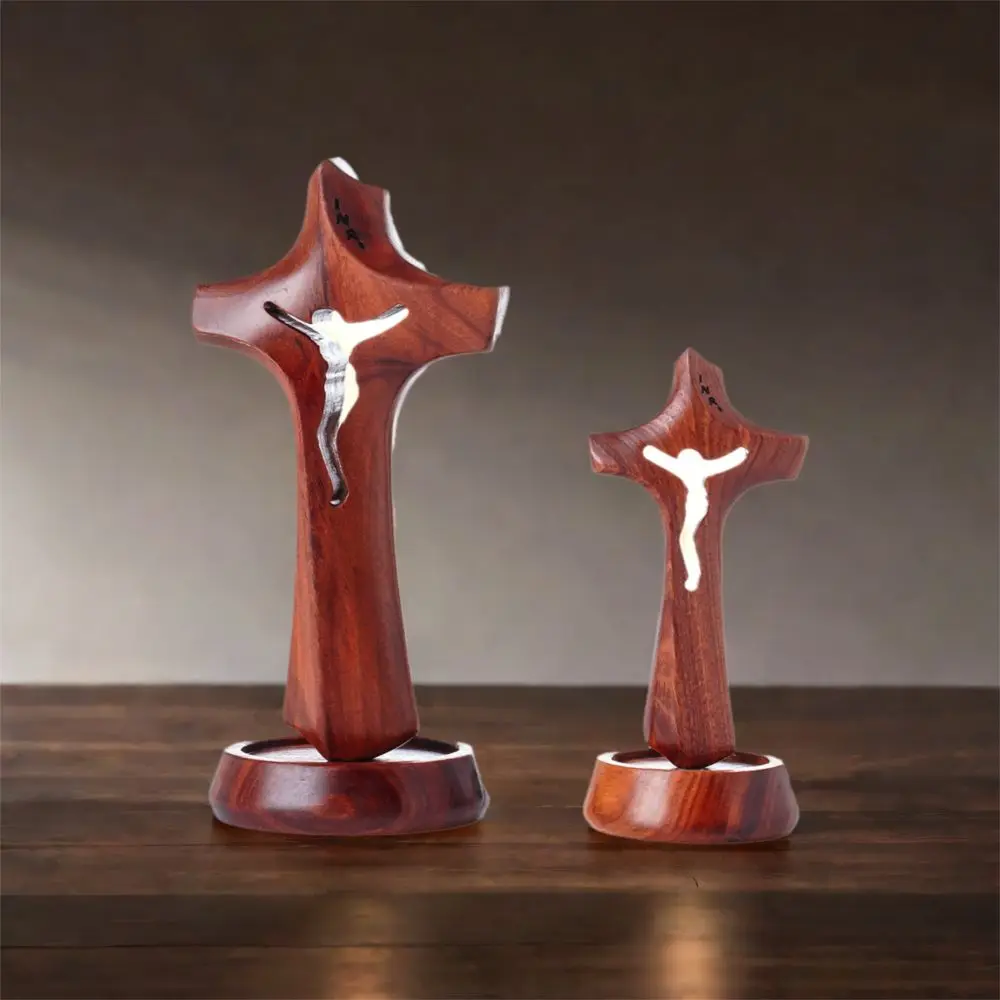 Art Wooden Hollow Cross Detachable Standing Religious Crosses Ornament Vintage with Base Crucifix Sculpture Easters Faith
