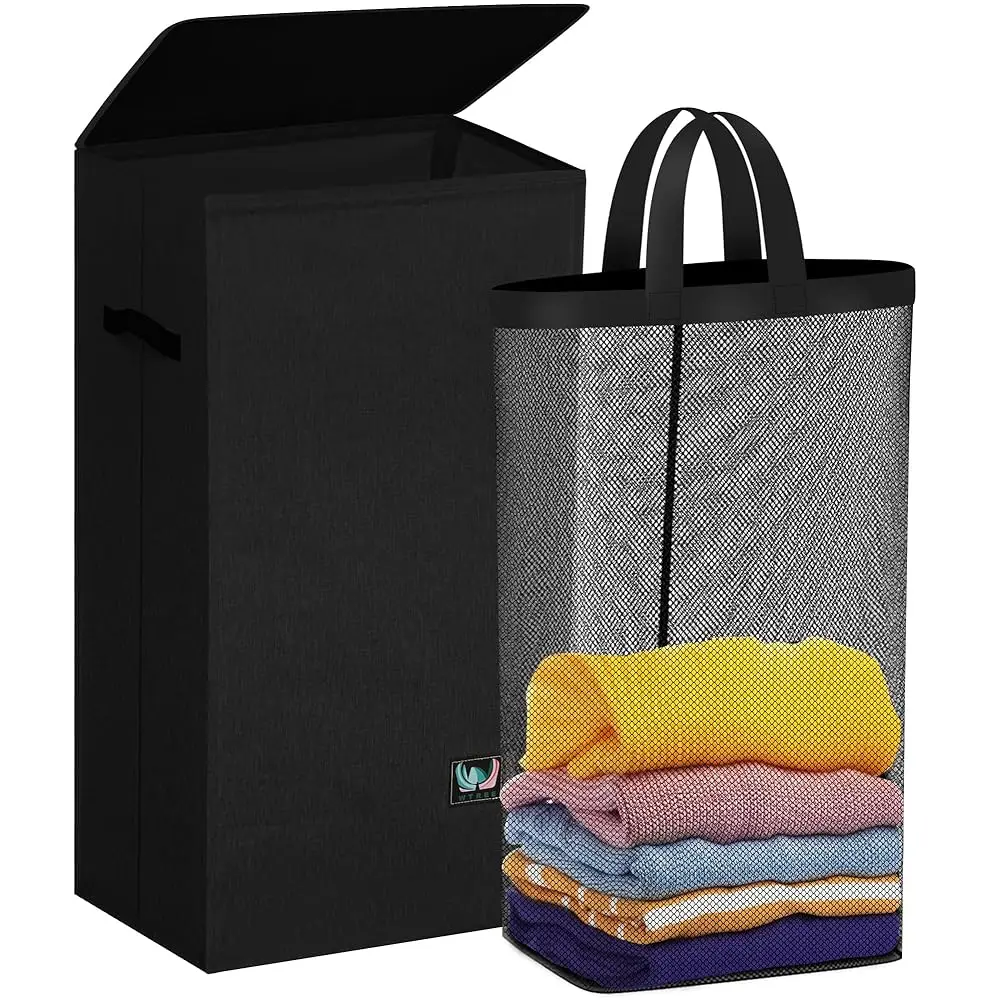 

Корзина для белья с крышкой, усиленная прочная корзина для одежды с основанием, устойчивым к проколам, большая складная корзина для белья с ручками