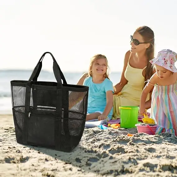 Mesh Beach Bag Family - Large Travel Tote Bag for Beach Pool Cruise | 9 Pockets, Quick Dry, with Zipper Pocket, Portable Mesh Beach Tote Bag for Sand Toys, Towels, Pool, Travel Beach Essentials