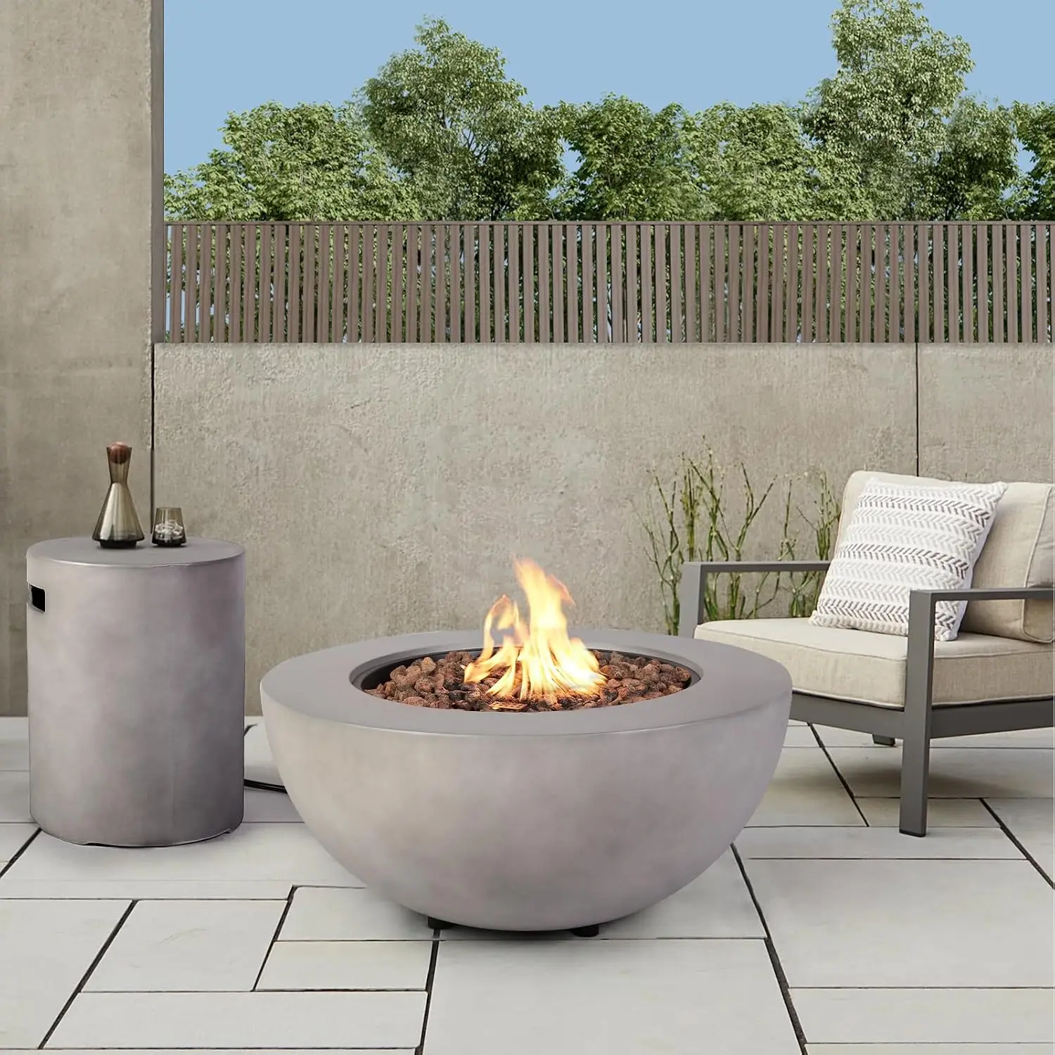 2-Piece Outdoor Propane Fire Pit Table Set w/Tank Cover Table, 31.5-inch 50,000 BTU Bowl Concrete Firepit SUS201, Customized