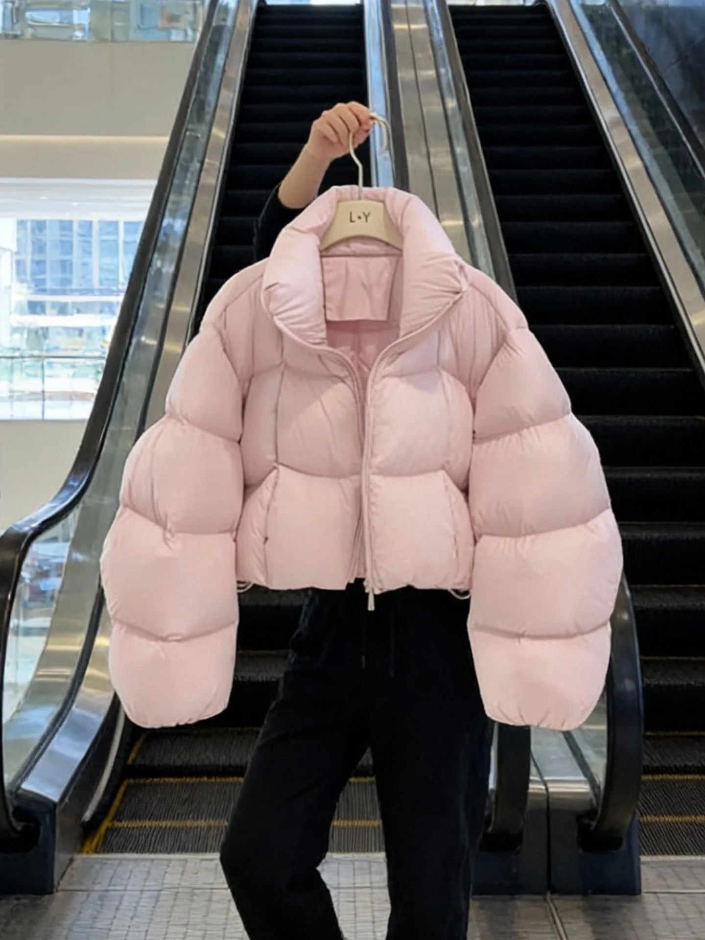 

Cute ort Puffer Jaet Women's Pink Fluffy 2025 New Winter Thi Outerwear Korean Sle Regular Fit Polyester Fiber