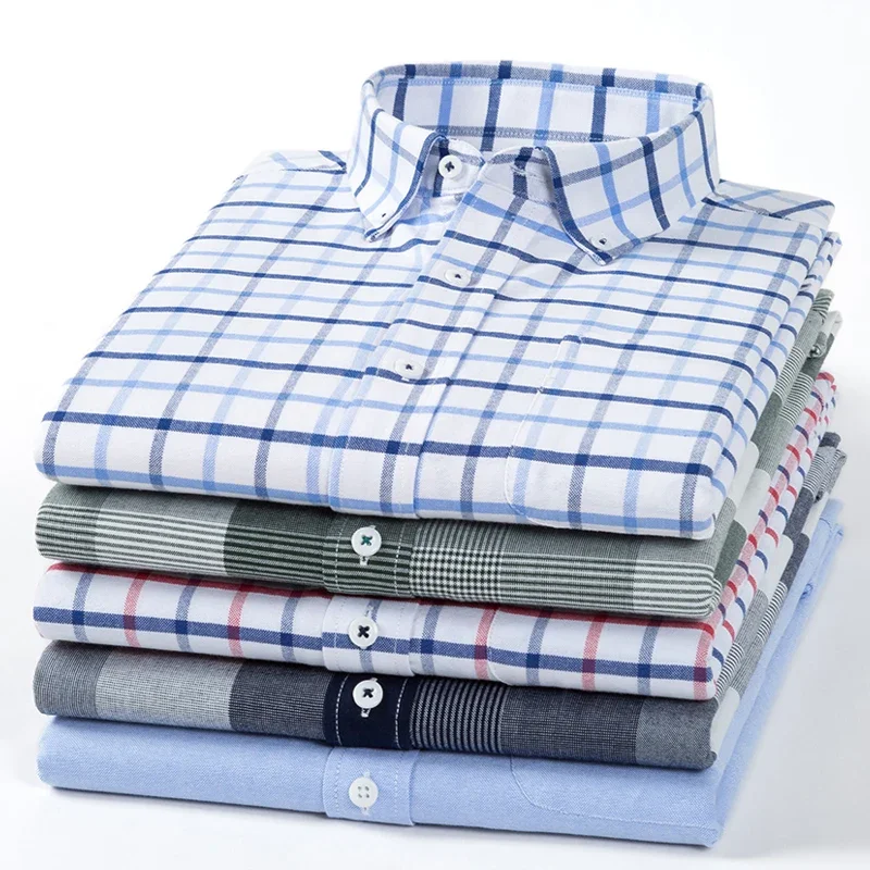 

Мужские рубашки-оксфорды из 100% хлопка с длинными рукавами, облегающие формальные однотонные рубашки, модная корейская клетчатая повседневная дизайнерская элегантная одежда