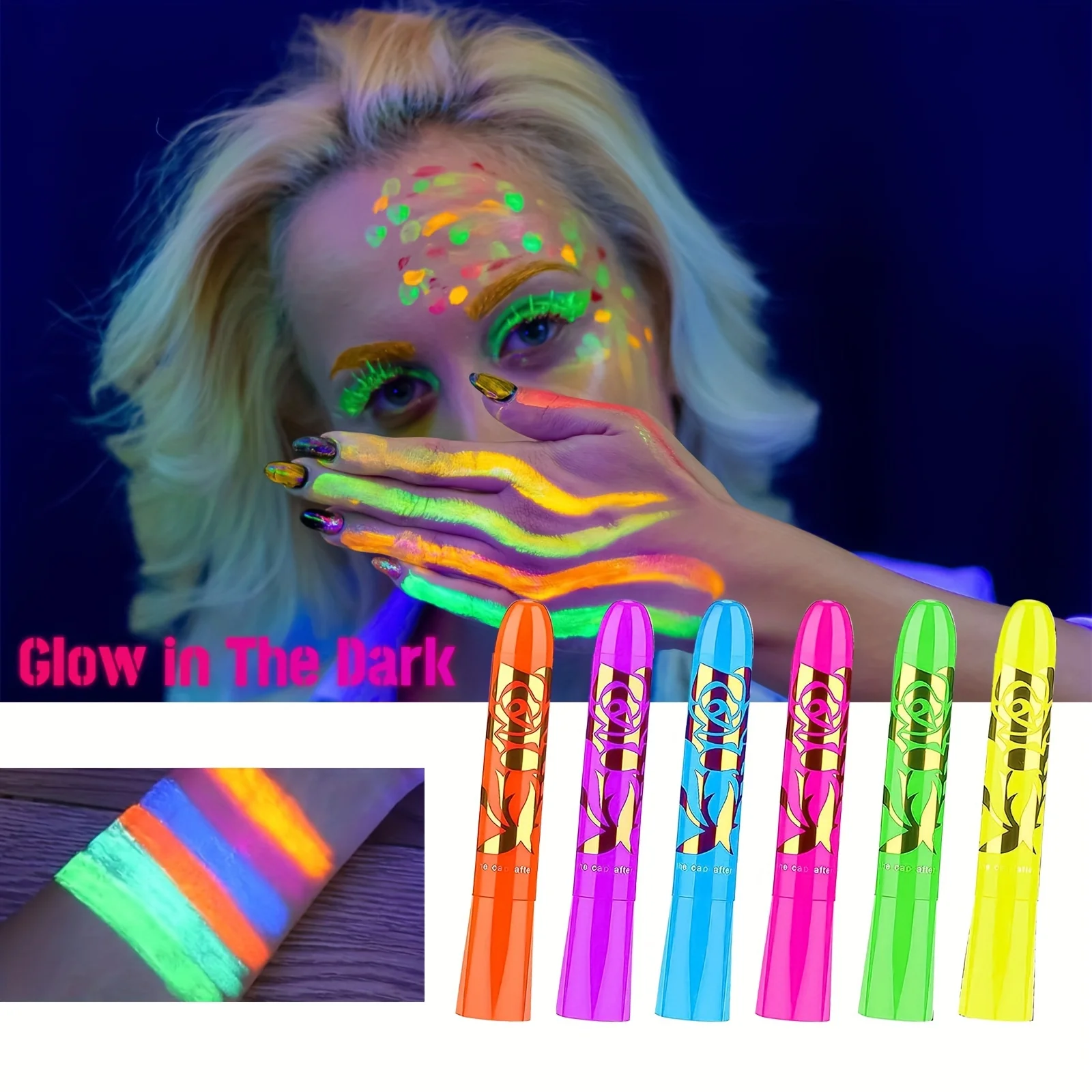 6pcs UV Neon Face Painting Kit,Glow in the Dark Under UV Lights,Black Light Glow Makeup Kit,Washable Water Soluble Face Painting