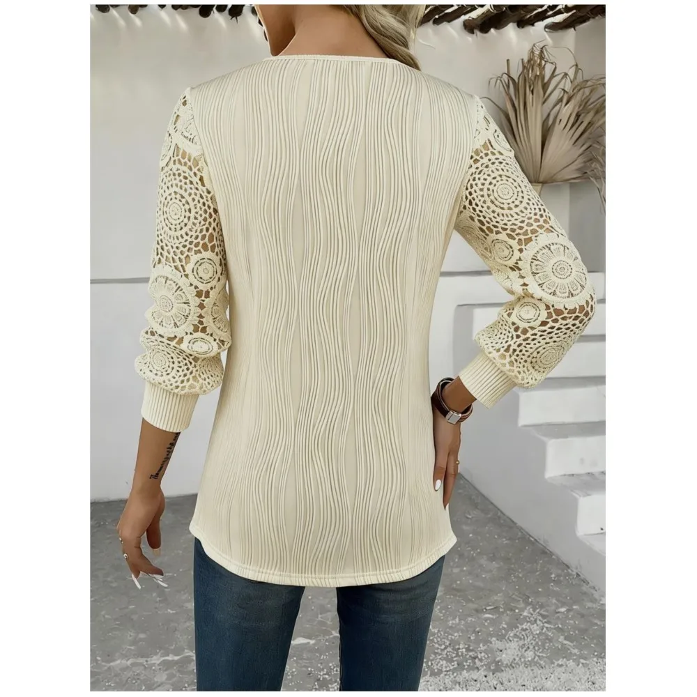 Autumn New Wave Pattern Lace Splicing Long-sleeved Women's Shirt 2026 Fashion Casual Retro Female Versatile Office Tops