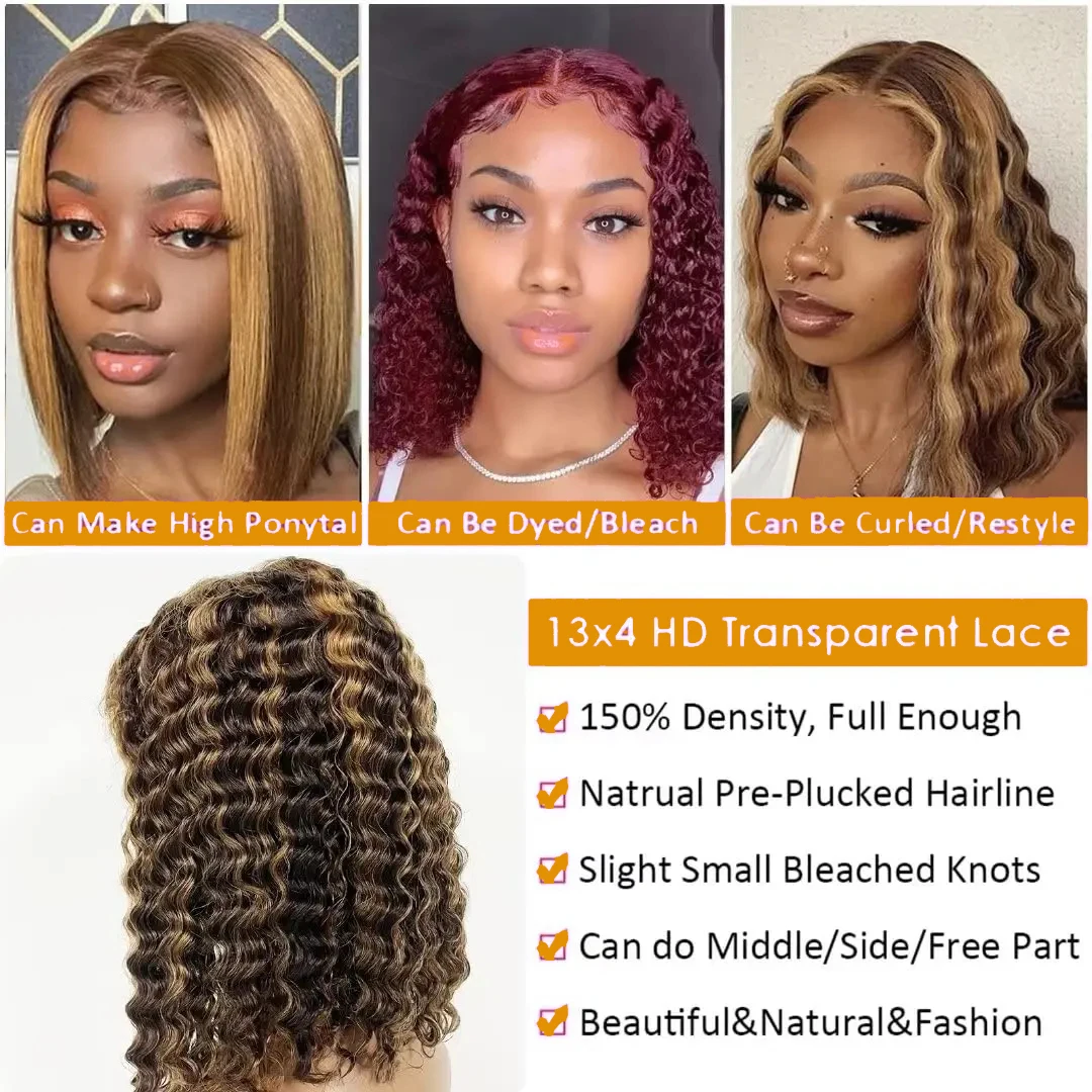 Bob Perücke Deep Wave Highlight 13x4 Spitze Front Echthaar Perücke Honig braun Blond Wasser Welle Ombre transparente Spitze Frontal Perücke