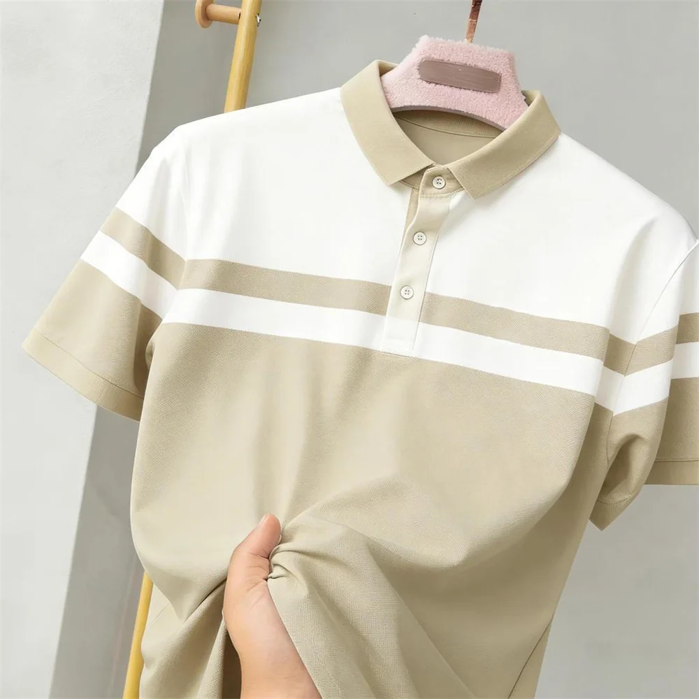 Sporty Color-blocked Striped Polo Shirt Breathable Loose Daily Casual Contrast Color Fashion Sport 3D Print Stripe Golf Polo