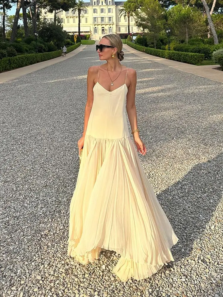 Women Fashion Sleeveless Backless Sling Dresses Sexy Solid V Neck Pleated Patchwork Dress 2024 Summer Lady Vacation Beach Robe