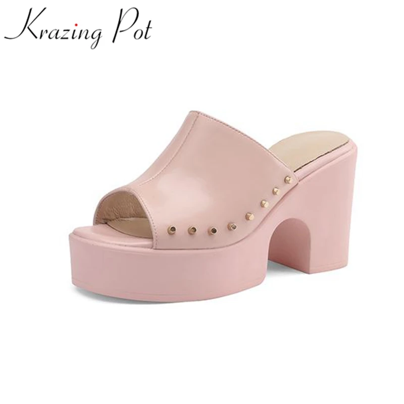 Krazing Pot Full Grain Leather Fashion Mules Modern Superstar Summer Slip On Platform Super High Heels Basic Style Sandals Women