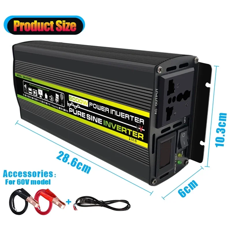 6000W Pure Sine Wave Inverter DC 60V To AC 220V Socket Transformer Power Converter Solar Inverter For Car Home Outdoor