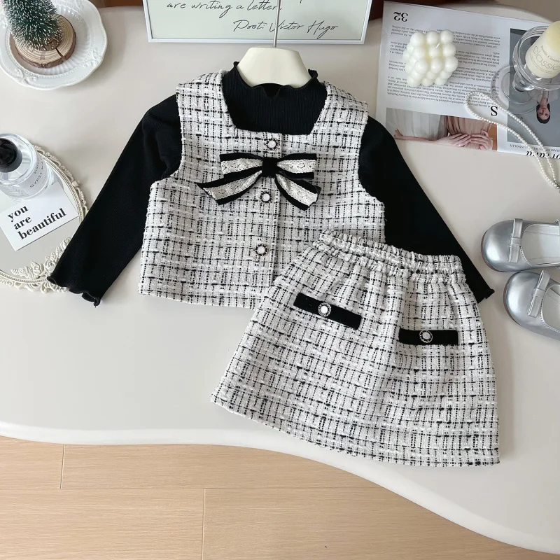 

Children's Outfit New Spring and Autumn Fashionable Stylish Vest Base Shirt Short Skirt Elegant Three-Piece Set for Girls