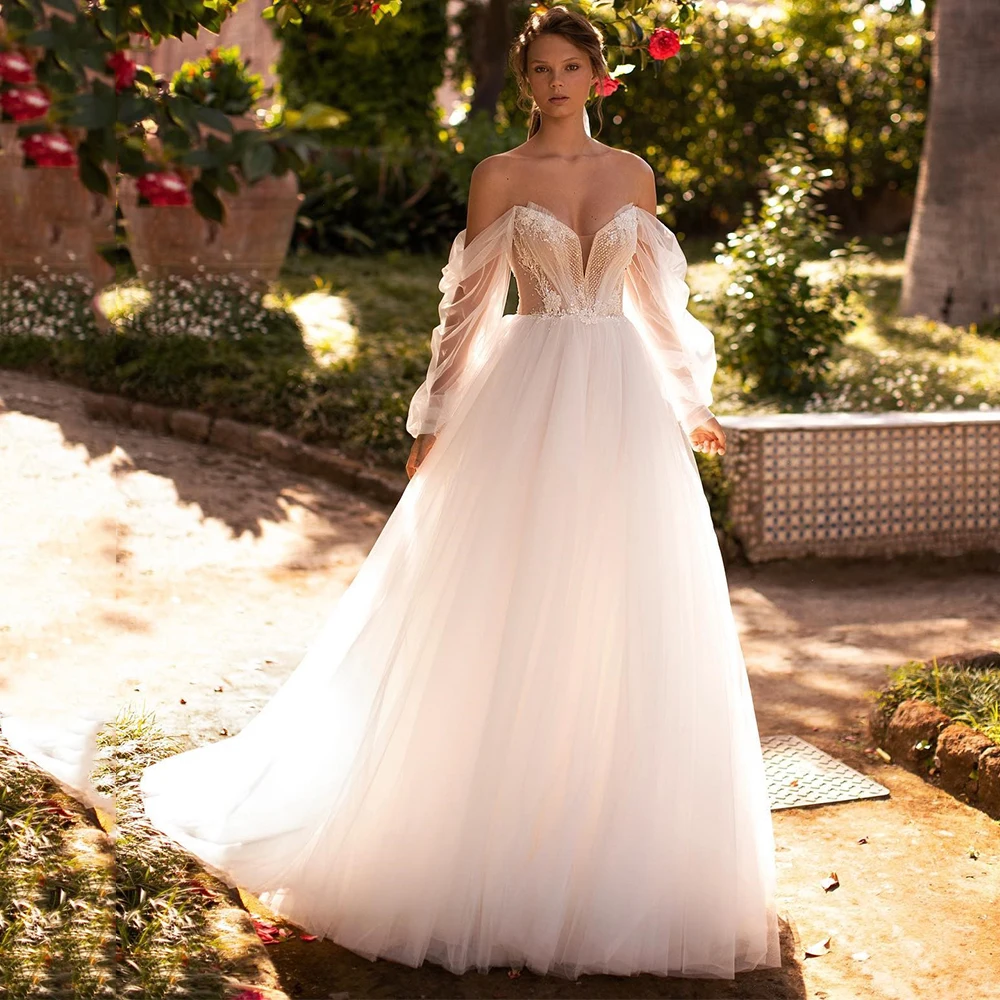 Backless Wedding Dress Charming Off Shoulder Sweetheart Long Sleeve A-line Tulle Bride Gown Mesh  فستان حفلات الزفاف