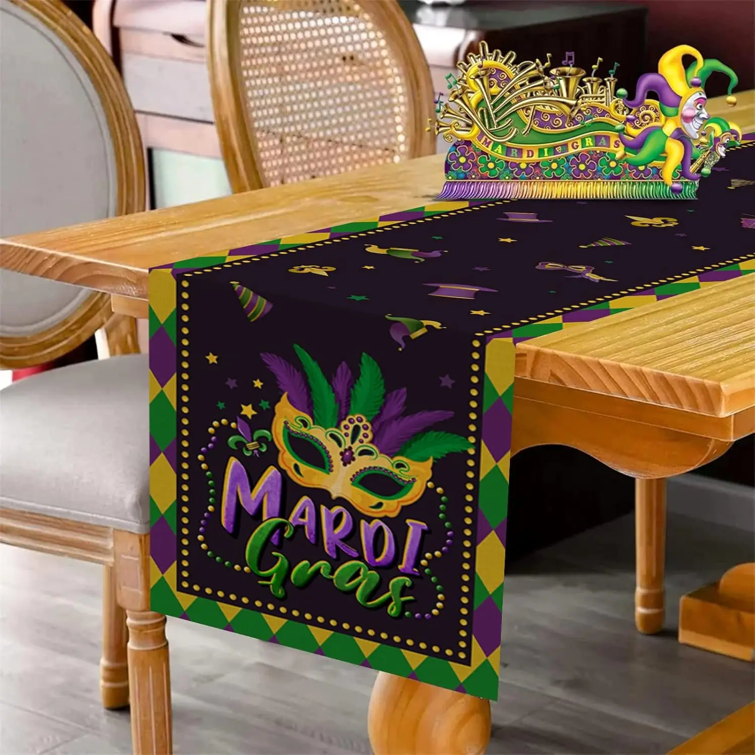 Mardi Gras Mask Purple Green Linen Table Runner Party Decor Carnival Festival Kitchen Dining Table Runner Mardi Gras Decorations