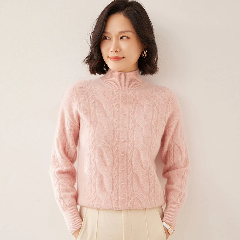 المرأة شبه عالية طوق 100% الكشمير محبوك سترة شتاء جديد سترة جاكار تويست الراقية بلوزات سميكة فضفاضة الكشمير قميص #2