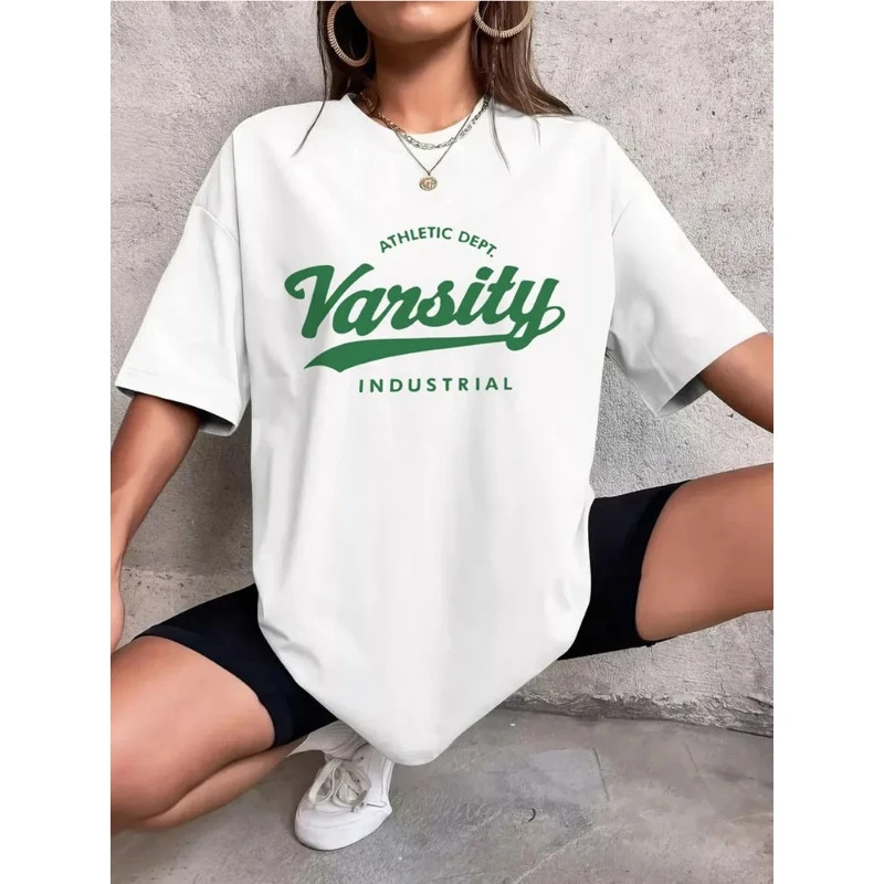 대형 레터 패턴 여성 티셔츠, 화이트 캐주얼, 한국 스트리트 레트로 티셔츠, 베이직 솔리드, 청년 상의, 여름 