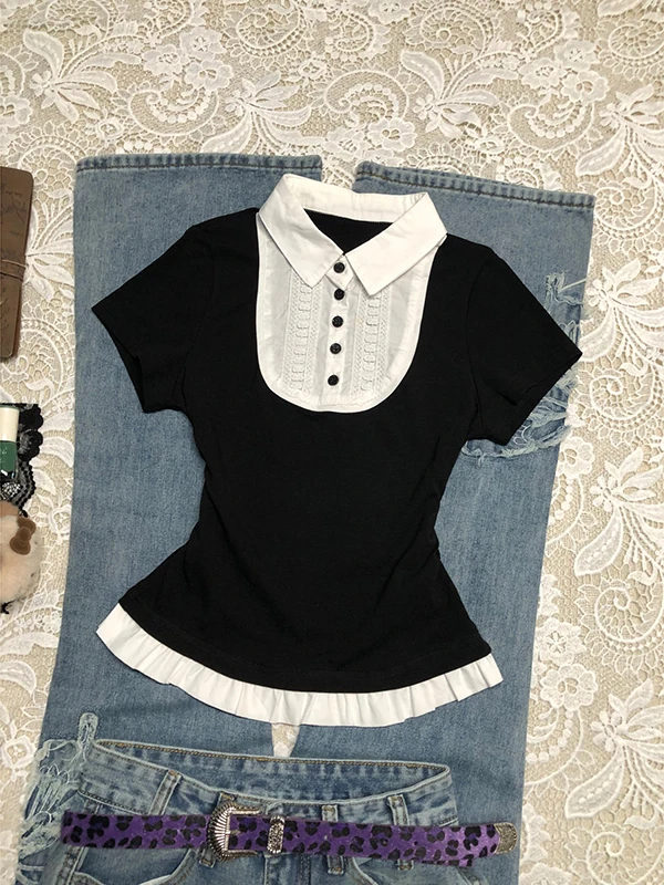 

Original ort Sve T-irt Women's Bla Doll Collar Top Vintage Vintage Spring Summer Cotton Blend Slim Fit Casual Wear