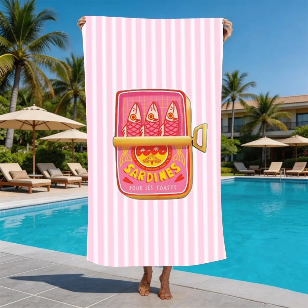 Striped Sardine Can Print Beach Towel Retro French Food Design Towel for Men Women Ideal for Summer Beach Trips