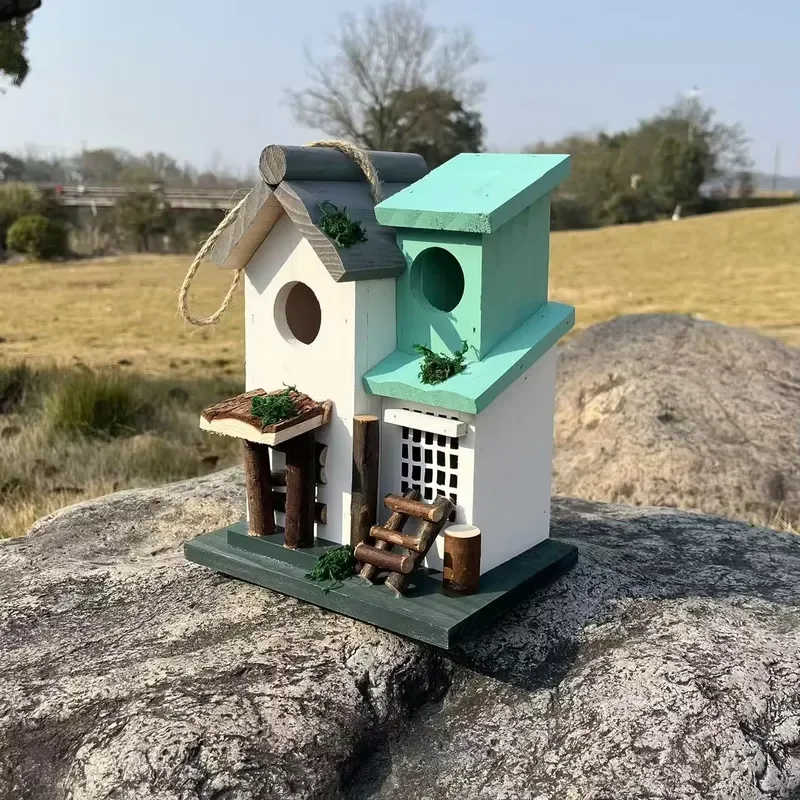Hanging Solid Wood Rectangular Bird Nest Feeder Outdoor Backyard Creative Garden Decoration Bird Habitat