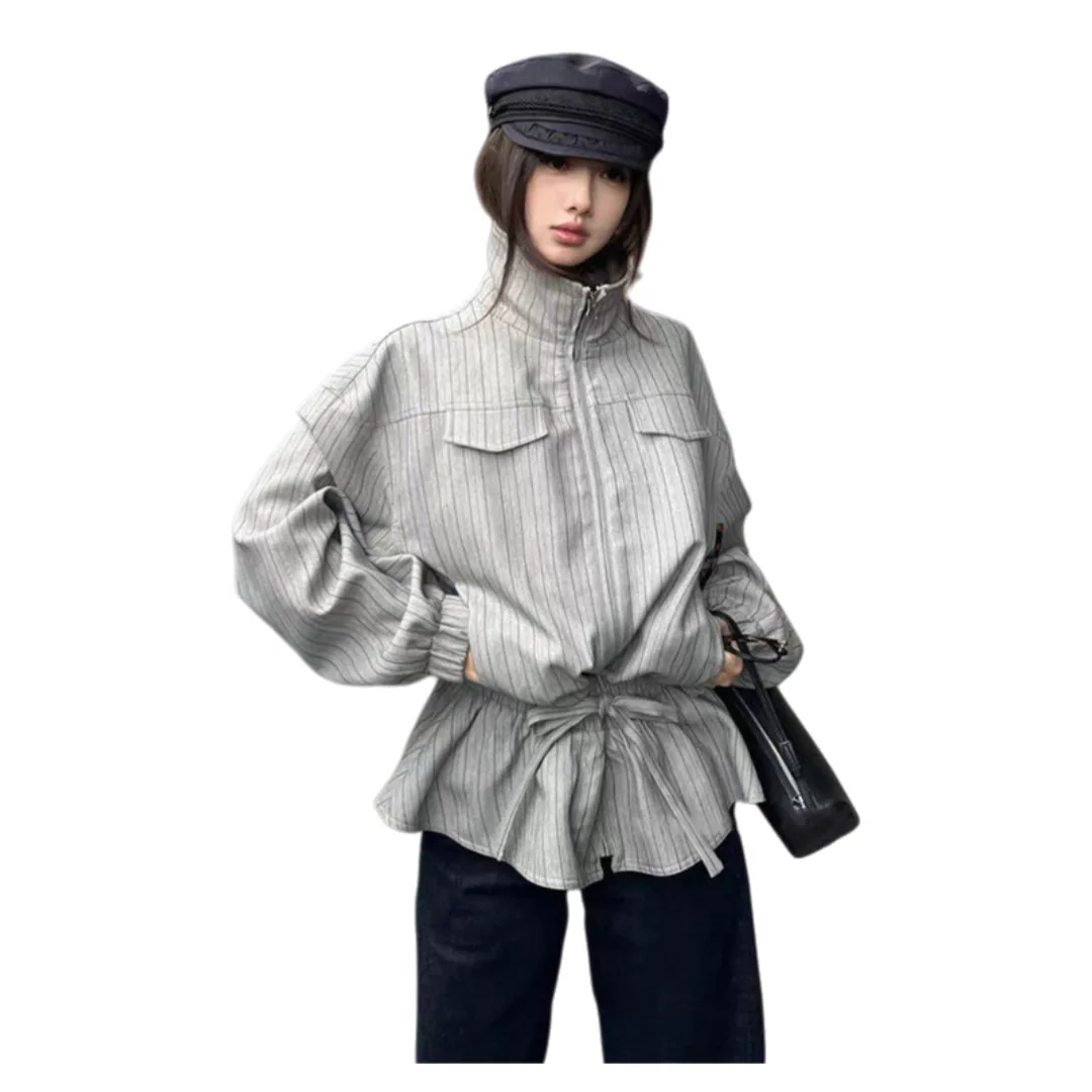 

Women Windbreaker 2025 Autumn New Women's Retro Stripe Trench Coat Stand Collar British Style High End Niche Fashion Outerwear