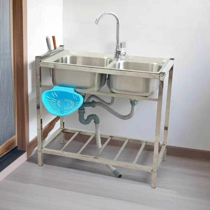 

Прочная кухонная мойка из нержавеющей стали с напольной опорой, двойная чаша 77x39x75см для овощей и одинарная чаша 47x38x75см для мытья посуды