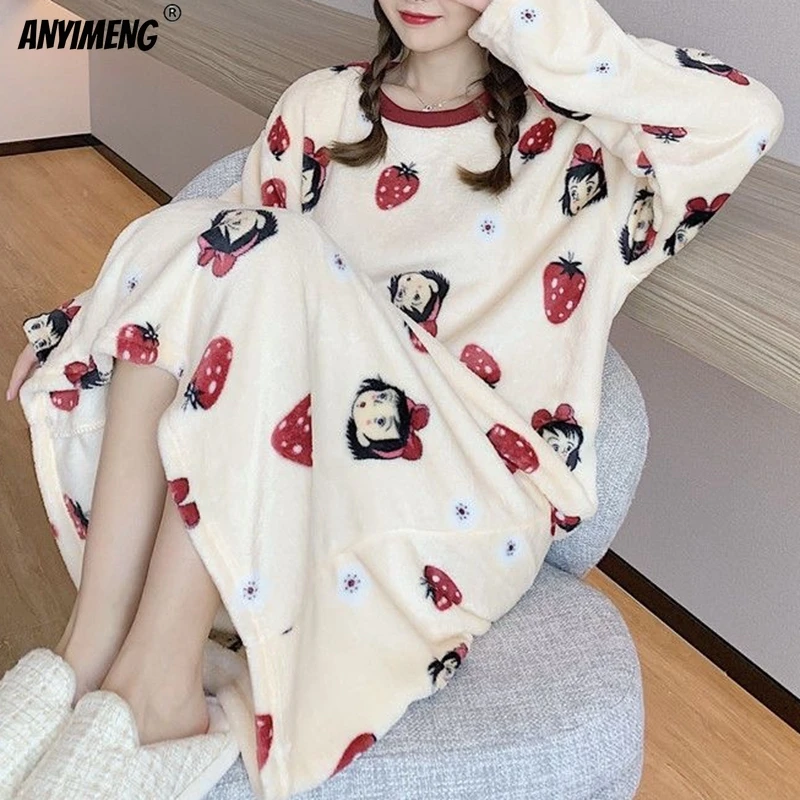 Winter Fuzzy Sleepshirts Women Long Nightgowns Preppy Style Girls Nightdress Casual Round Neck Dress Lady Nightwear Teddy Gowns