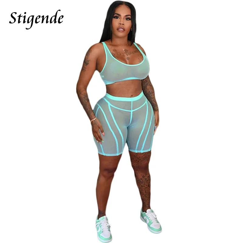 Stigende Women Sexy Mesh Two Piece Set Summer Transparent Outfit See Through Crop Tank Top and Shorts Patchwork Skinny Tracksuit