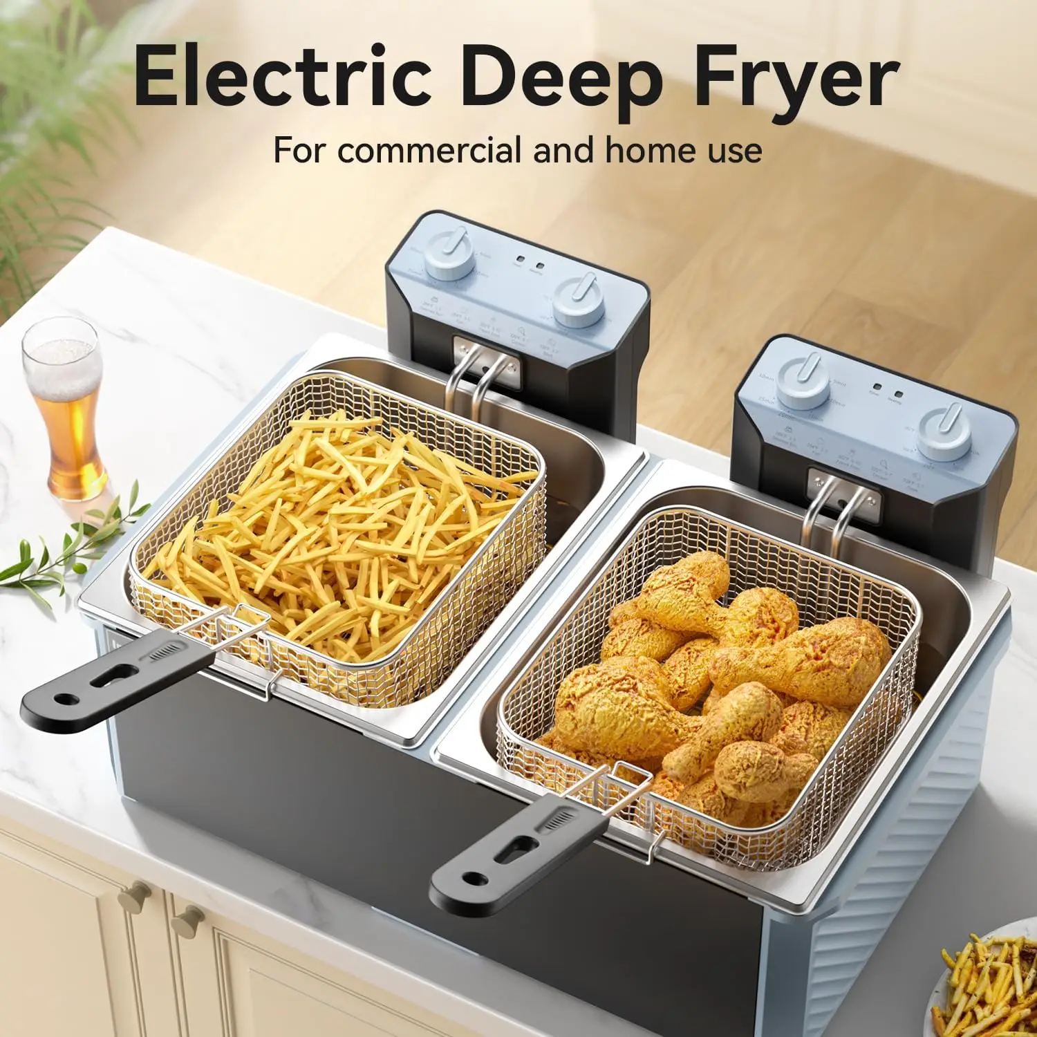 Commercial Deep Fryer W/ 2 Baskets & Lids, 21.2Qt Large Electric Fryer, Double Oil Fryer For Chicken/Fish, W/ 30-Min Timer,