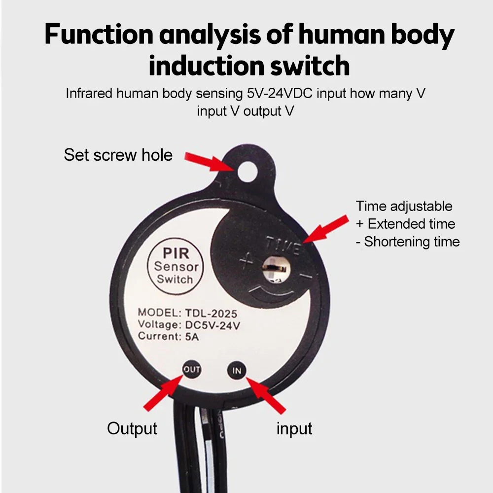 Interruptor de Sensor de movimiento PIR infrarrojo de cuerpo USB de 5V DC12V 24V Detector de Sensor de movimiento humano interruptor de CC para tira de luz LED automática