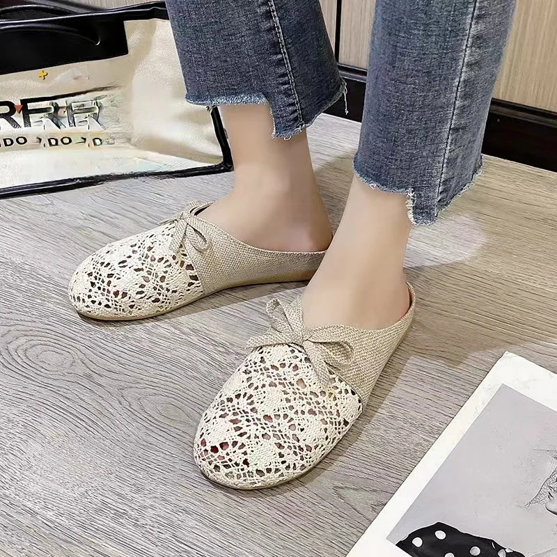 Neue Damen Sommer Spitze Baotou flache Sohle Leinen Hausschuhe weiche Sohle rutsch feste atmungsaktive Home Slipper Outdoor Slipper Lazy Slipper