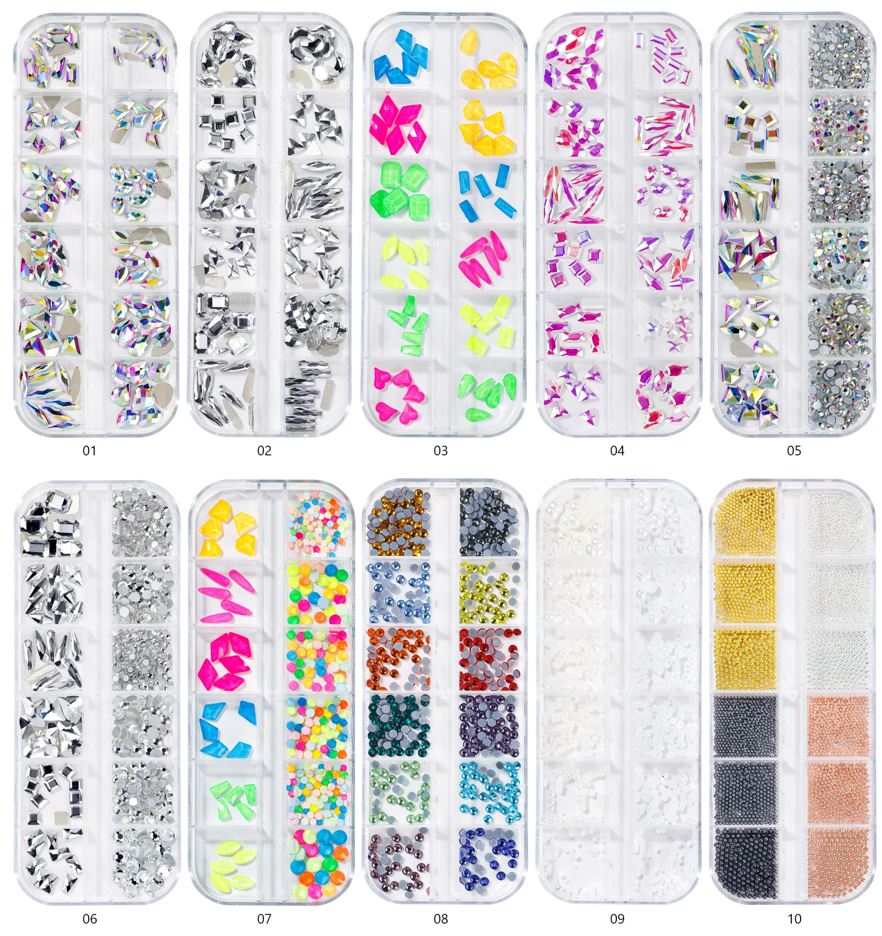 12 griglie Kit di decorazione per Nail Art irregolare AB colorato strass cristallo 3D gemme pietre Design accessorio per unghie Manicure fai da te