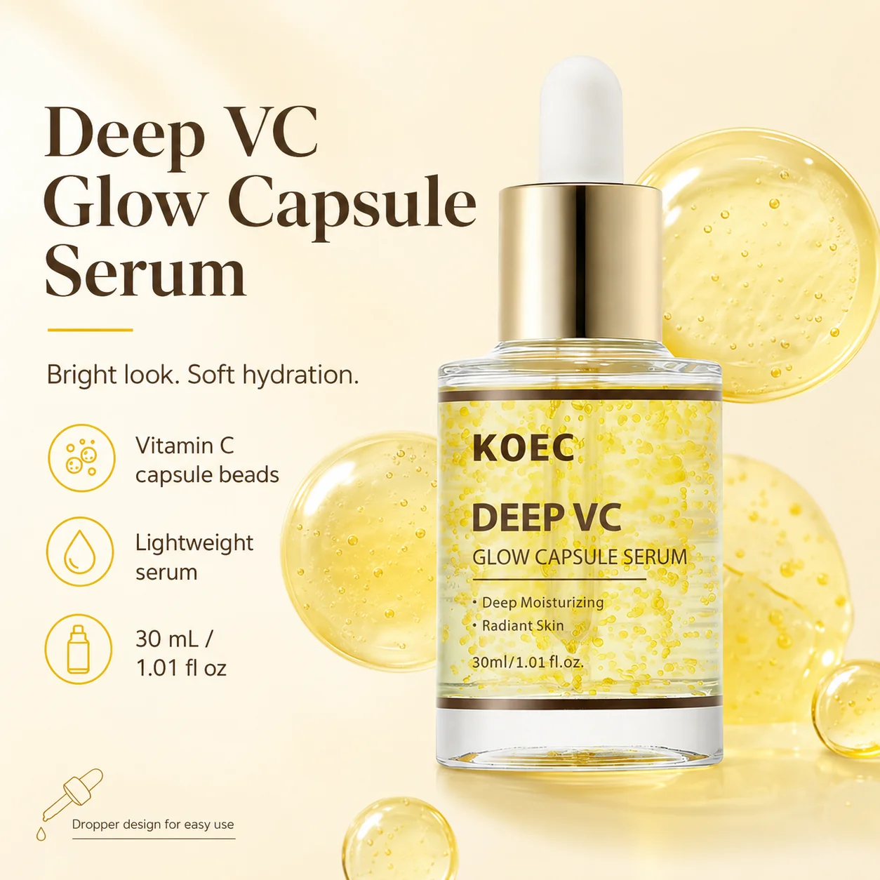 KOEC Deep Vitamin C Glow Capsule Serum, Radiance-Boosting Vitamin C Serum For Face With Niacinamide & Glutathione, For Vibrant, Even-Toned Complexion & Healthy-Looking Glow, 1.01fl.oz