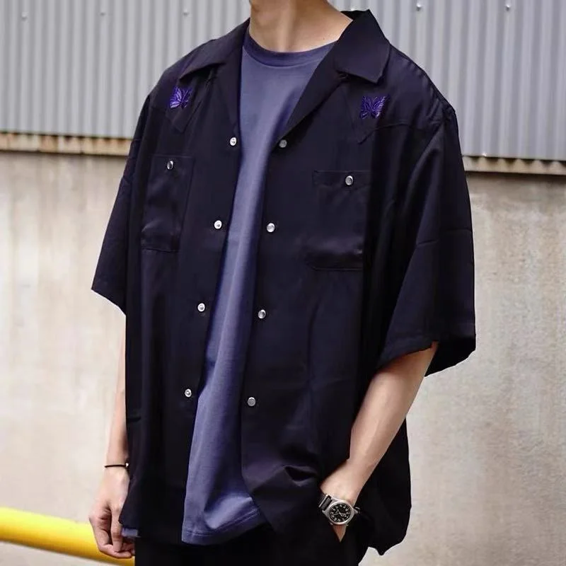 Apricot Black Cuban Neck Thin Section Pocket Short Sleeve Shirt Men Women Vintage Casual Loose Shirt Classic Embroidery